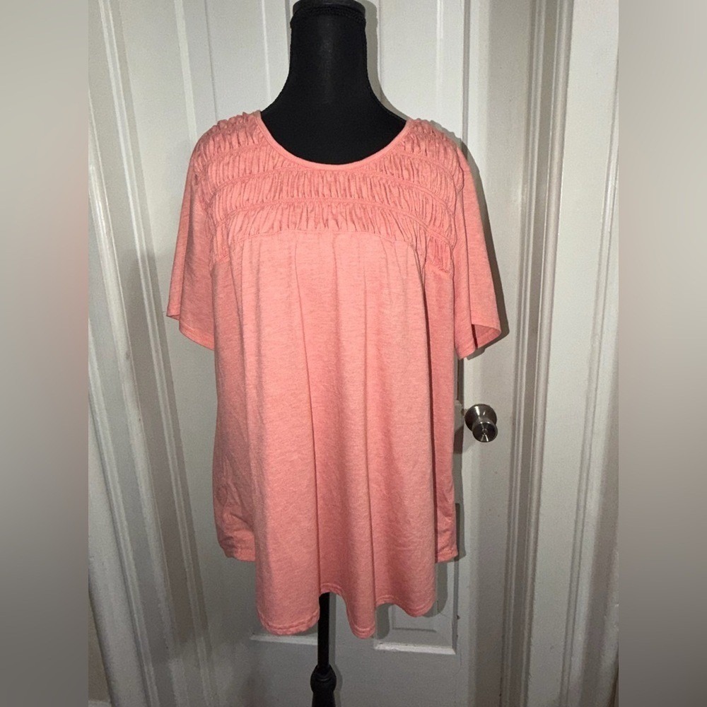 Women's plus size 2X shirt Coral Top, shirt short sleeve ruffles work casual